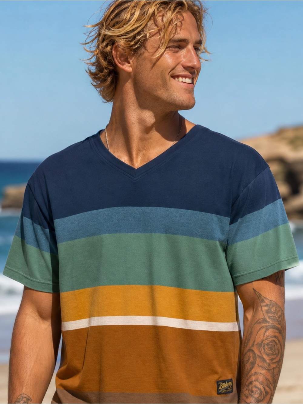 NWT Billabong Men's Striped Crew Neck Shirt - Multi Blue/Green/Gold XL